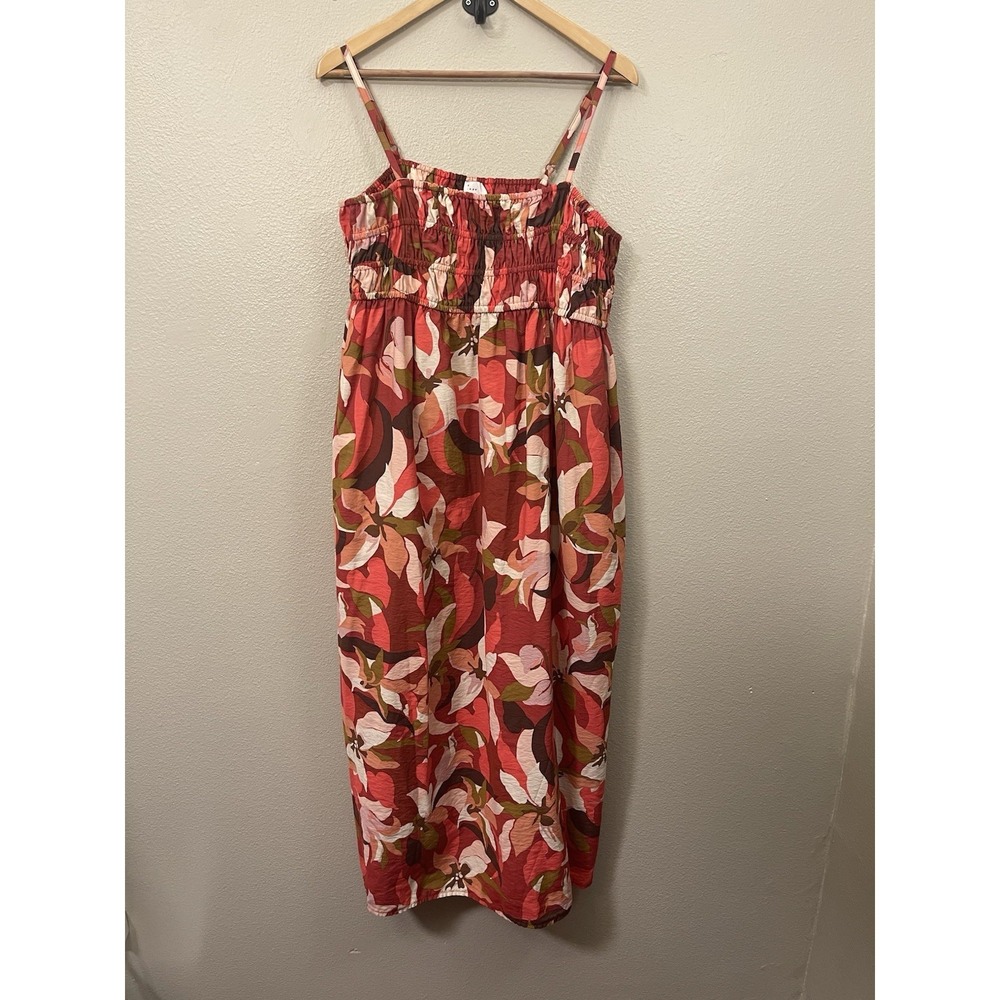 A New‎ Day Floral Summer Maxi Dress Empire Waist Smocked Red Pink Abstract Sz XL